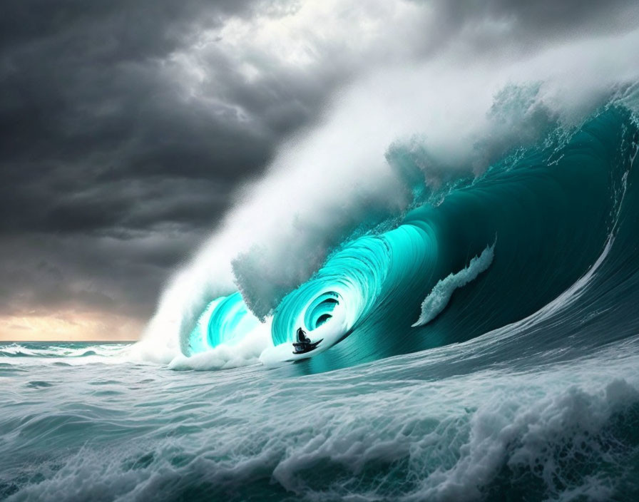 Surfer riding towering curled ocean wave under stormy skies