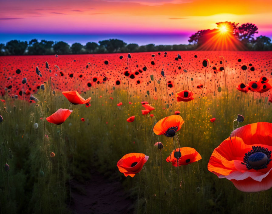 Colorful sunset poppy field with bright red flowers and lush greenery