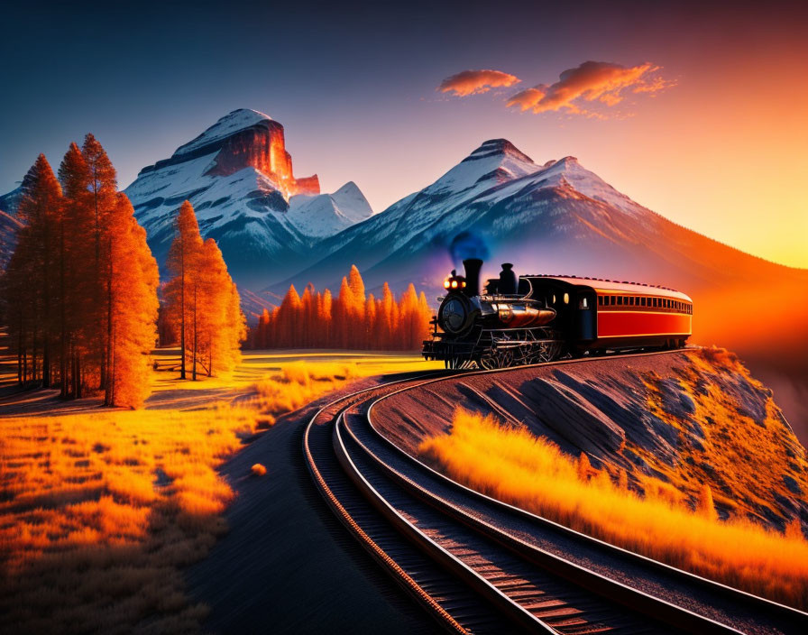 Vintage Train on Curved Autumn Track with Snow-Capped Mountains