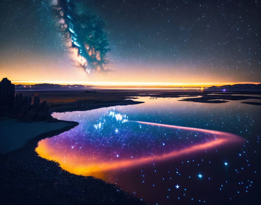 Starry night sky reflected in tranquil desert lake