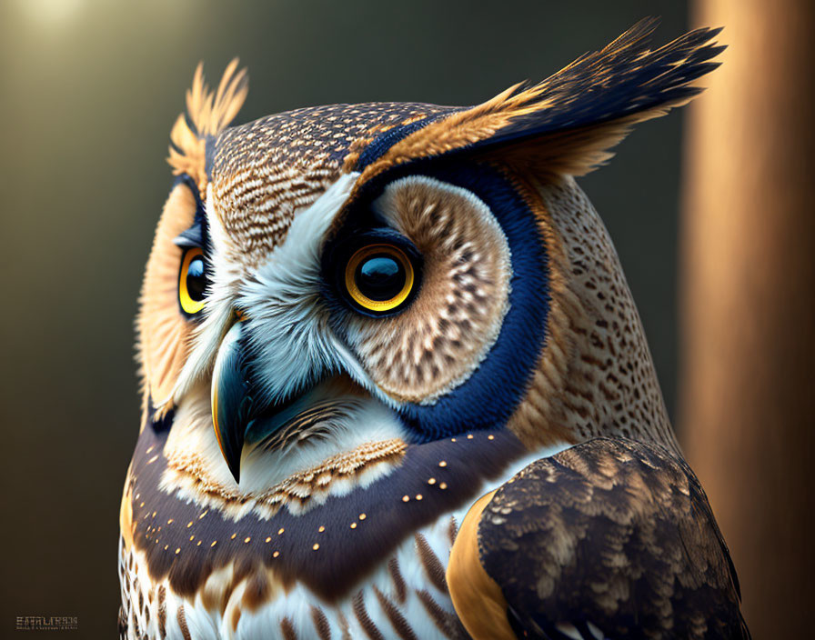 Majestic owl with yellow eyes and ear tufts in close-up shot