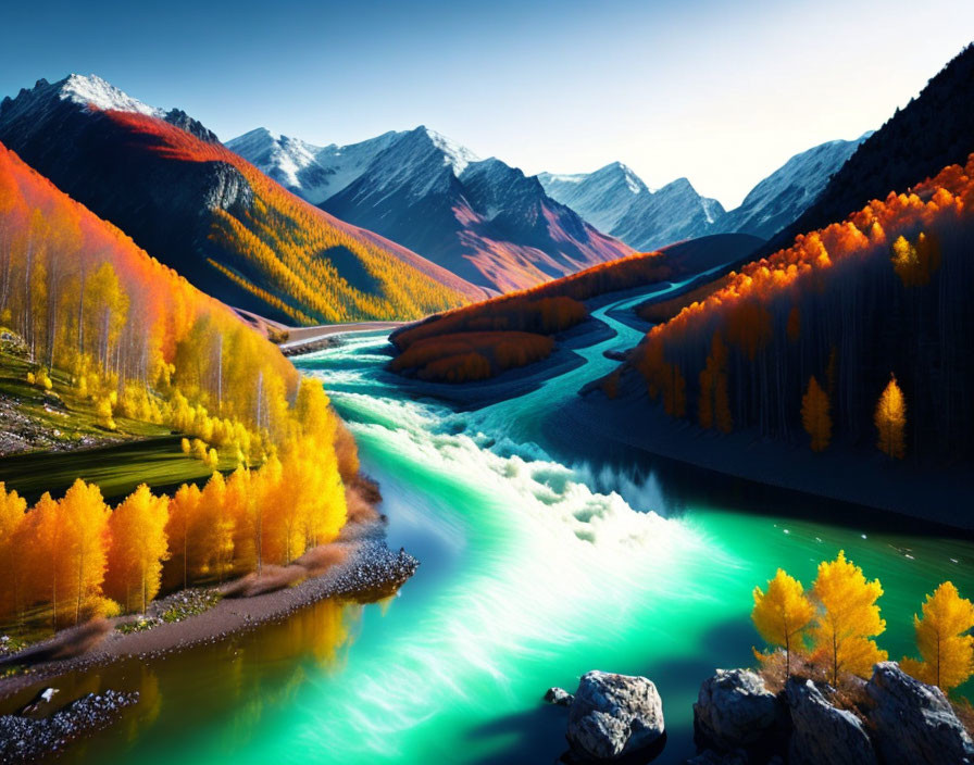 Golden Trees Along Turquoise River in Mountain Landscape