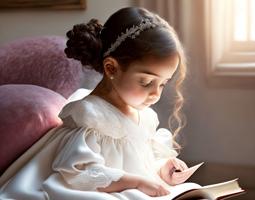 Young girl with braid reading book by window in soft sunlight