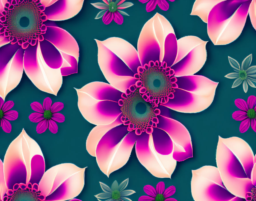 Vivid pink and purple flowers with intricate centers on dark teal background