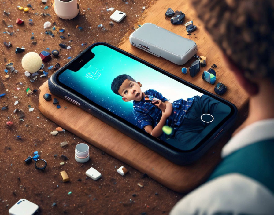 Child mesmerized by smartphone with toys on wooden surface