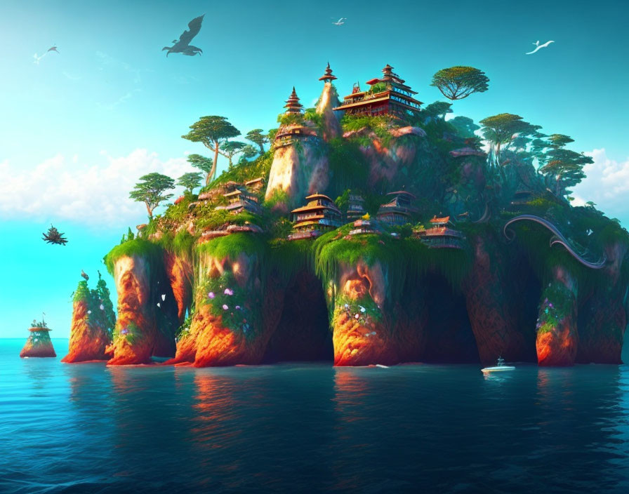 Fantastical island with lush greenery, Asian-style temples, serene ocean, boats, and mythical