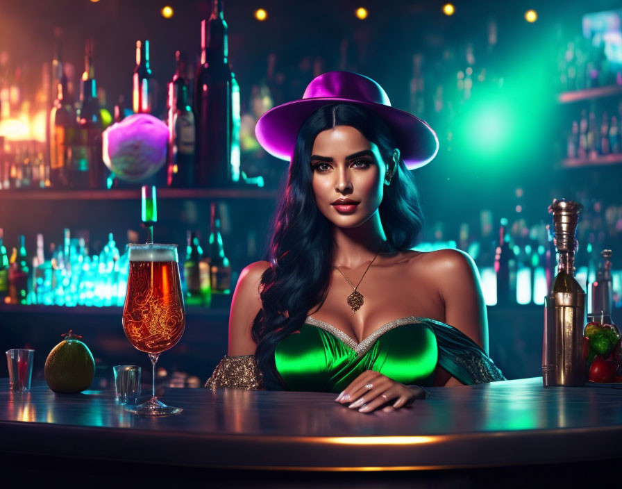 Woman in Green Dress and Purple Hat at Bar with Colorful Lighting