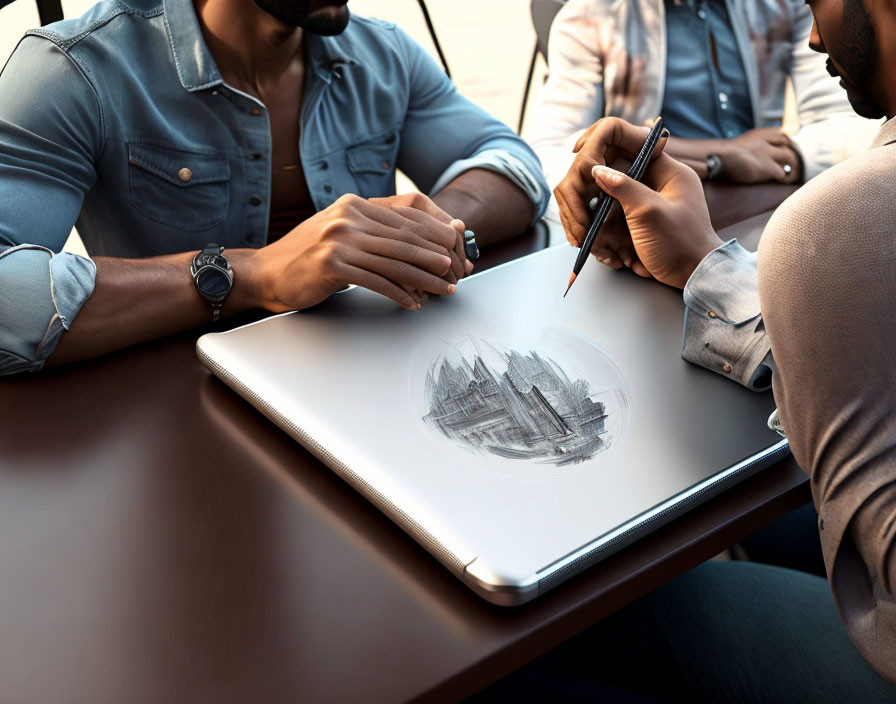 Three individuals discussing a holographic castle projection on a tablet