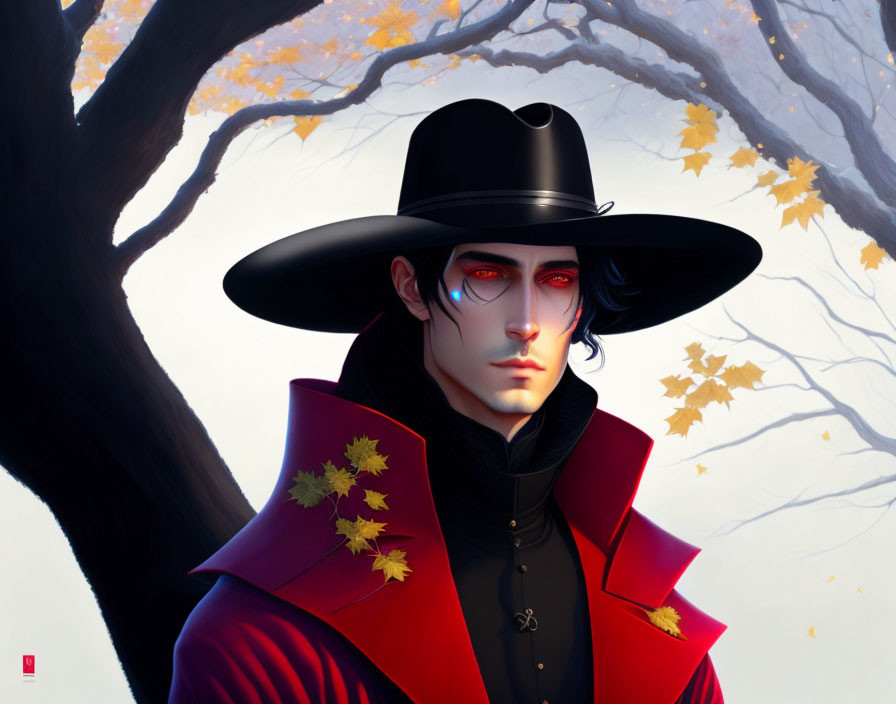 Illustrated character with pale skin and red eyes in black hat and red cape under falling orange leaves