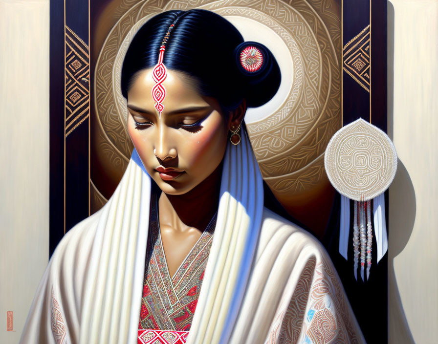 Traditional face markings woman in white and blue garment on wooden backdrop