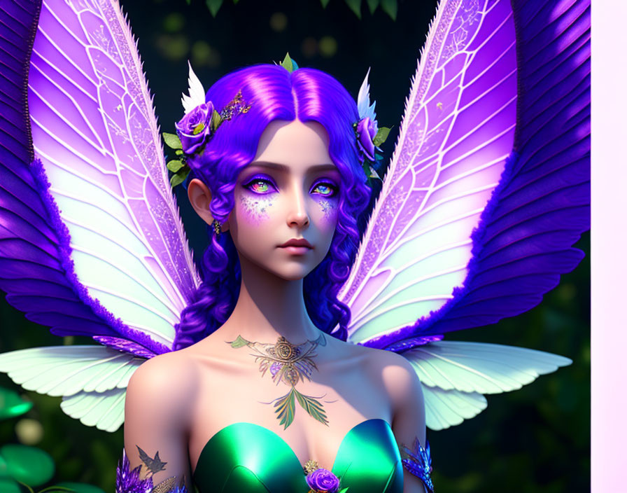 Fantasy character with purple hair, butterfly wings, and floral decorations