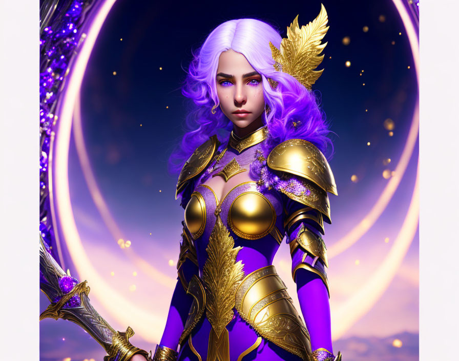 Fantasy warrior with purple hair in golden feathered armor on celestial backdrop