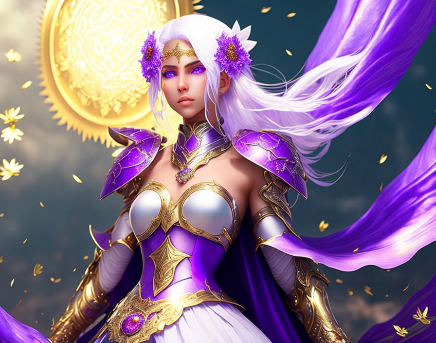 Fantasy female warrior with white hair in purple armor and golden crown on golden backdrop.