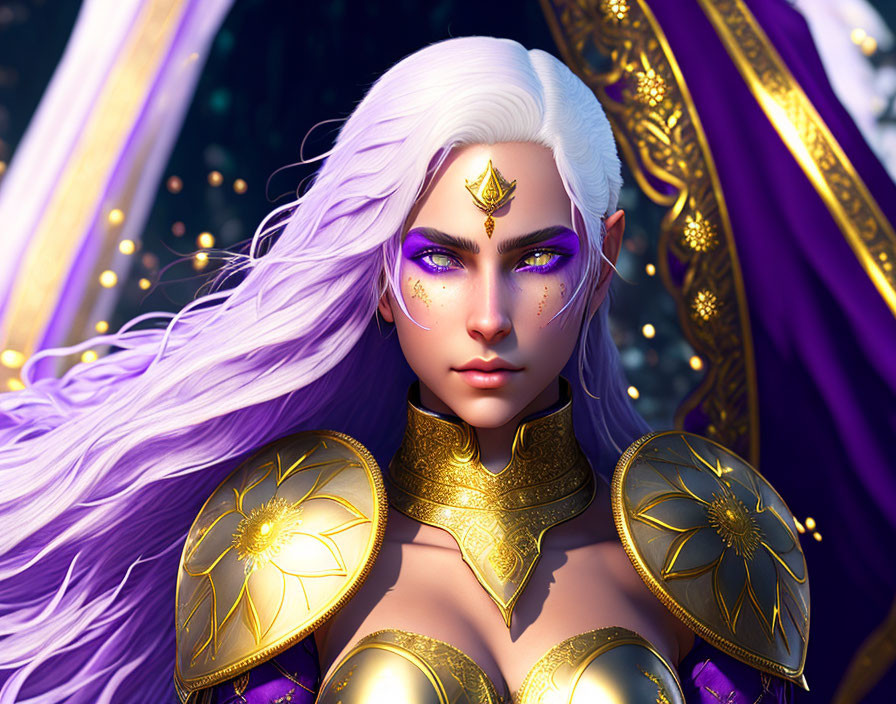 Fantasy character with white-purple hair and golden armor