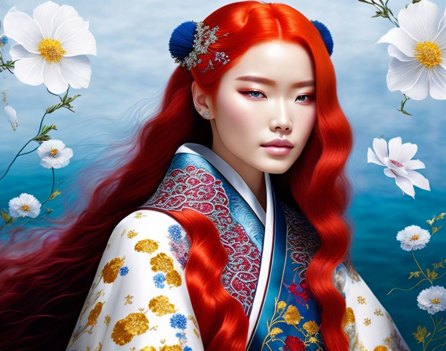 Digital Artwork: Woman with Red Hair in East Asian Attire among White Flowers