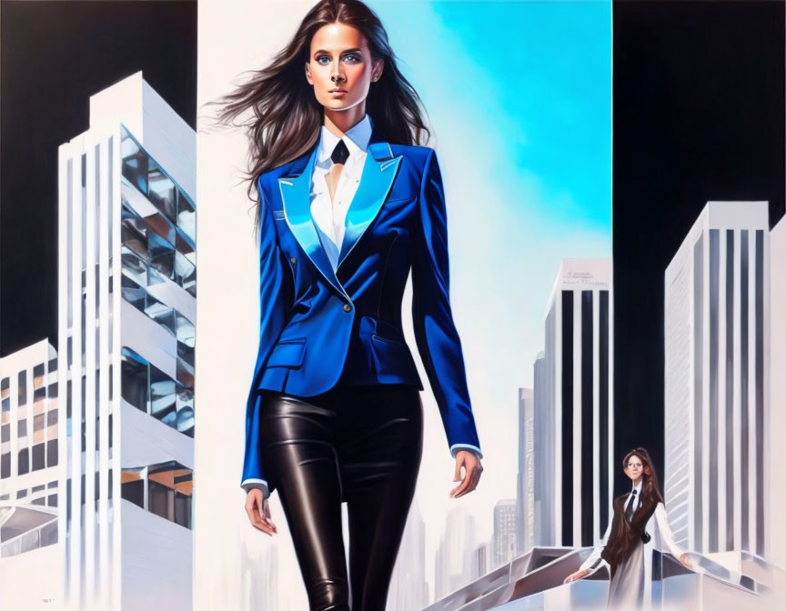 Stylized painting of confident woman in blue blazer walking in cityscape