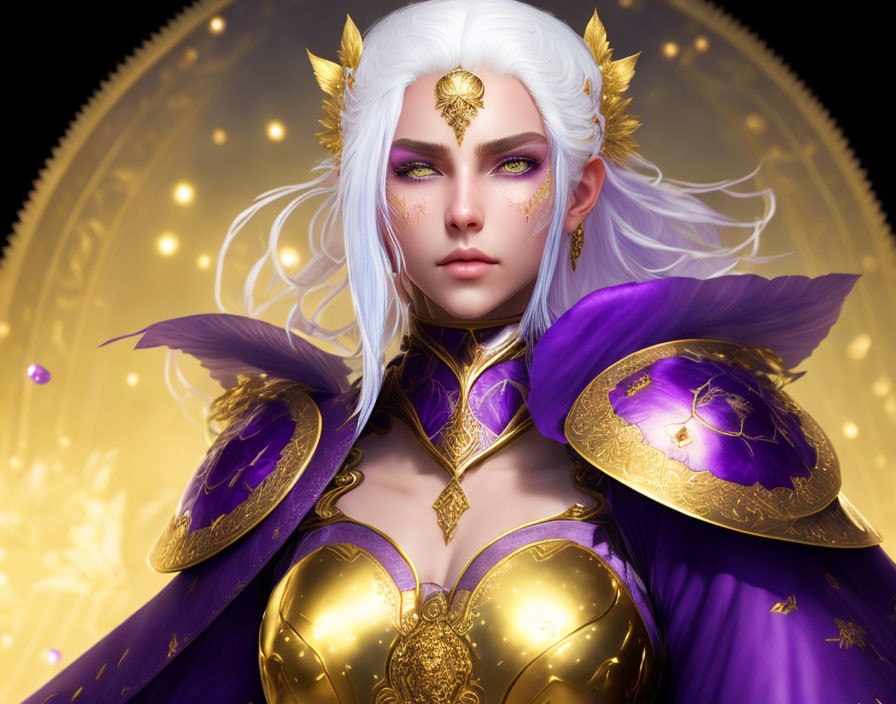 Regal fantasy character with white hair, golden crown, armor, purple cape, and magical background