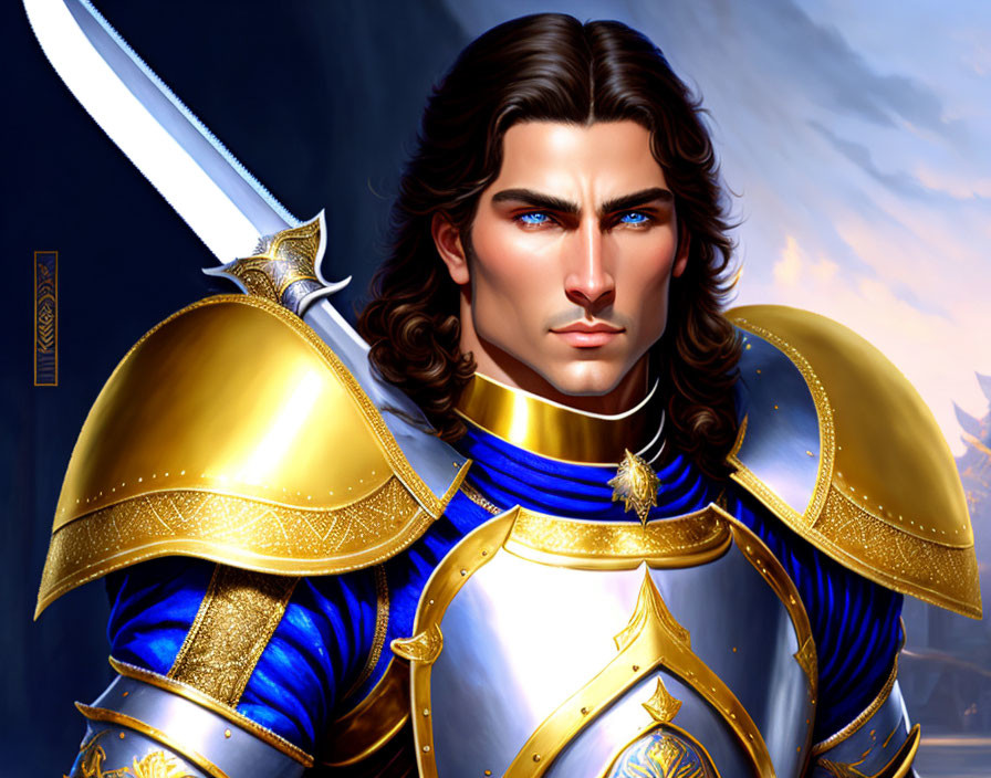 Knight digital artwork: brown-haired, blue-eyed warrior with sword in ornate blue and white armor.