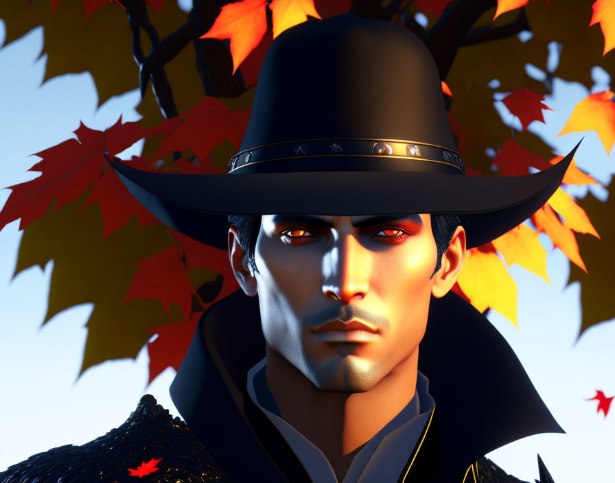 Stern-faced male character with dark hat in autumn setting