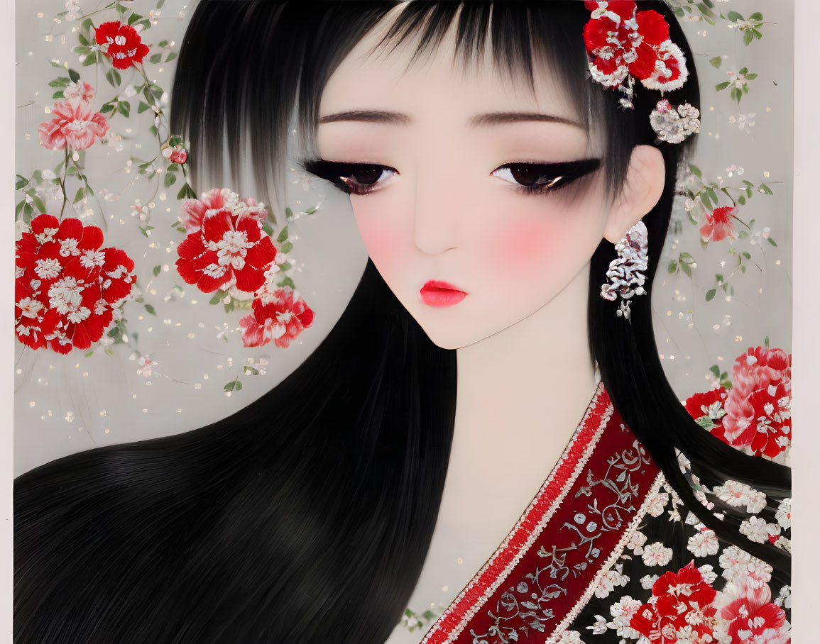 Illustrated portrait of person with long black hair and expressive eyes in floral garment against red flowers