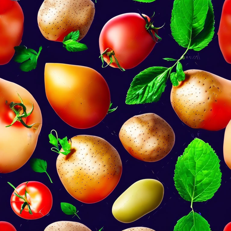 Assorted Tomatoes and Potatoes with Green Leaves on Dark Background