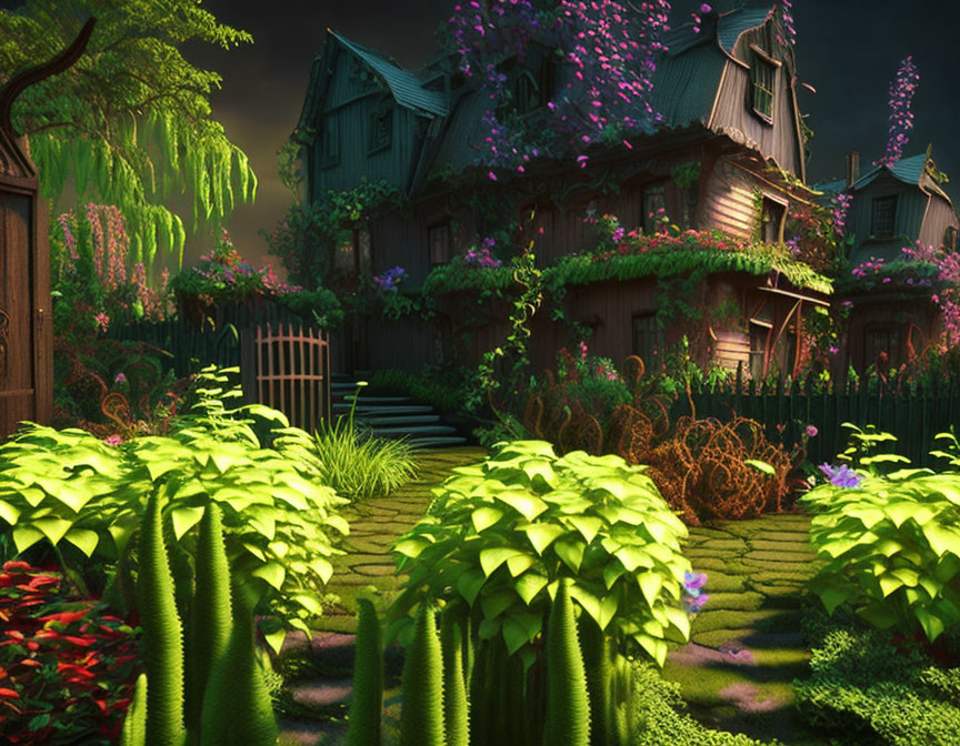 Lush garden night scene with glowing lights and wooden house