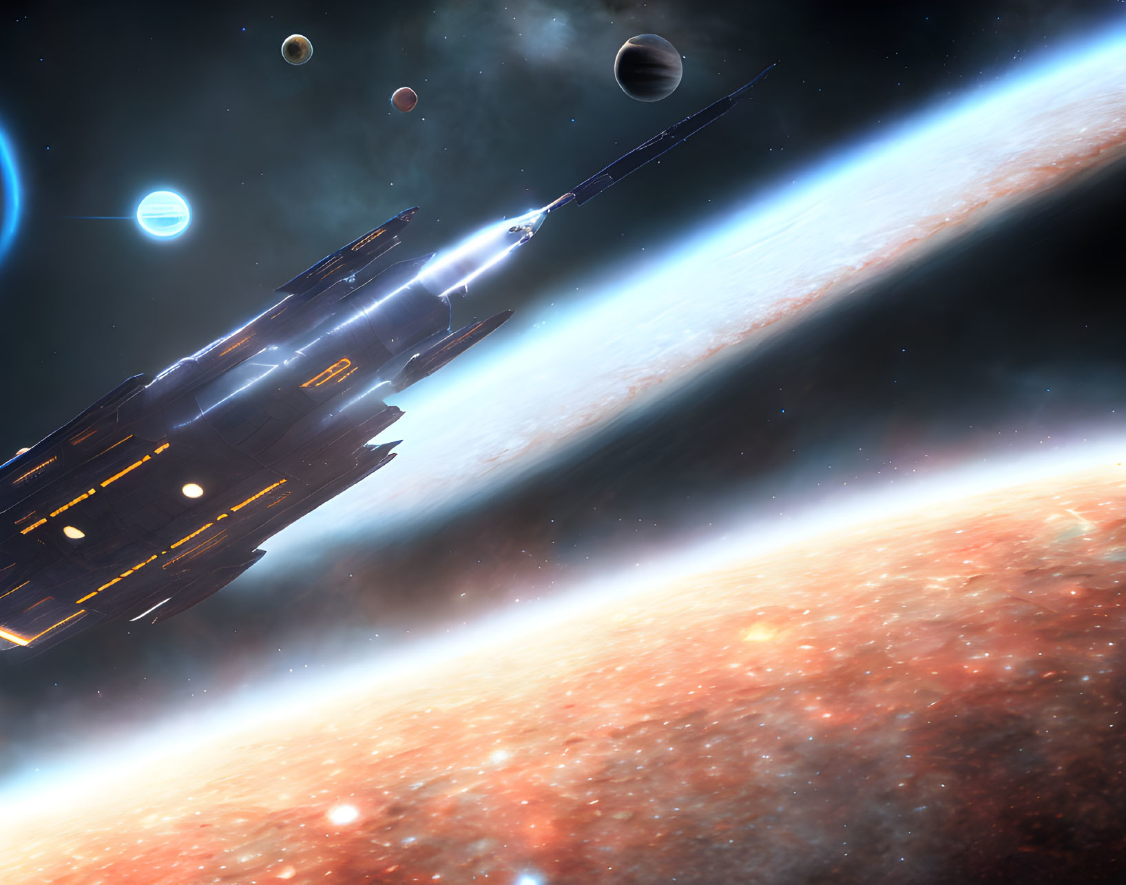 Futuristic spaceship with planets and star in space landscape