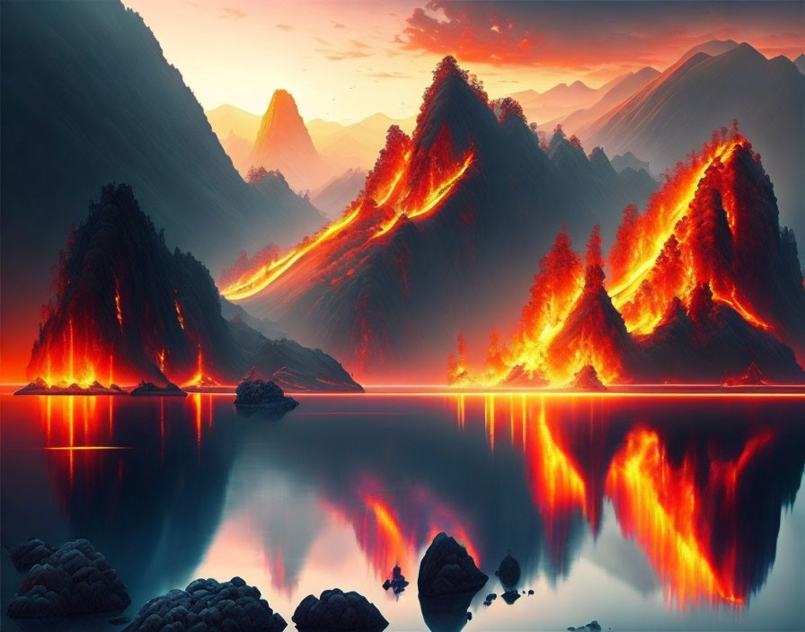 Fantastical landscape: Glowing lava streams, serene lake, dramatic sky at sunrise/sunset