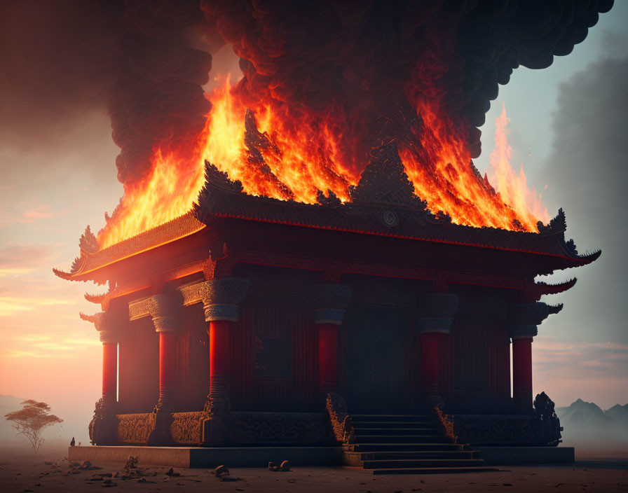 Burning Asian temple in smoky landscape at dusk