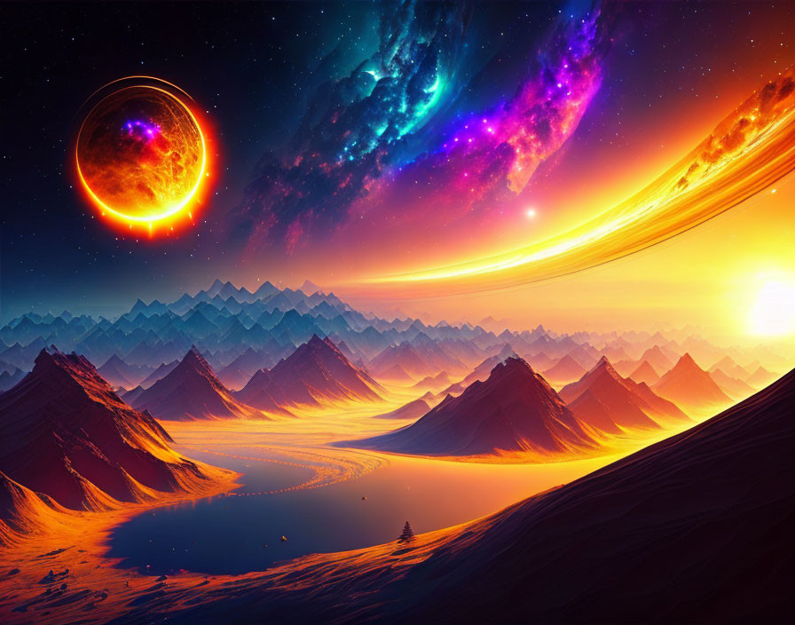 Colorful sci-fi landscape with mountains, orange planet, and starry sky