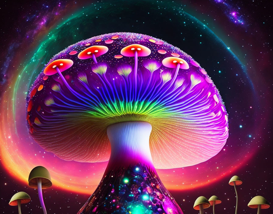 Colorful Giant Mushroom in Galaxy-Themed Illustration