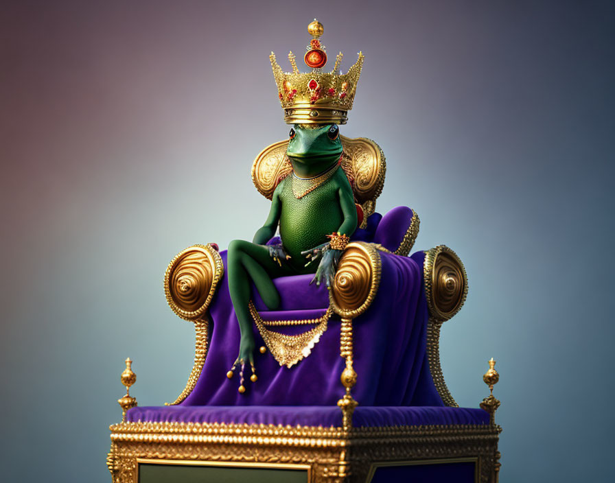 Regal frog in crown on purple throne with gold trim & jewels