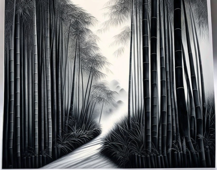 Monochromatic bamboo forest scene with misty path