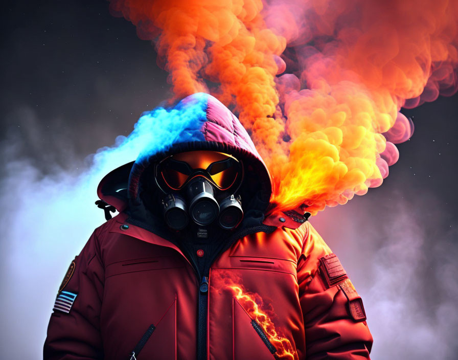 Red Jacket and Gas Mask with Blue and Orange Smoke