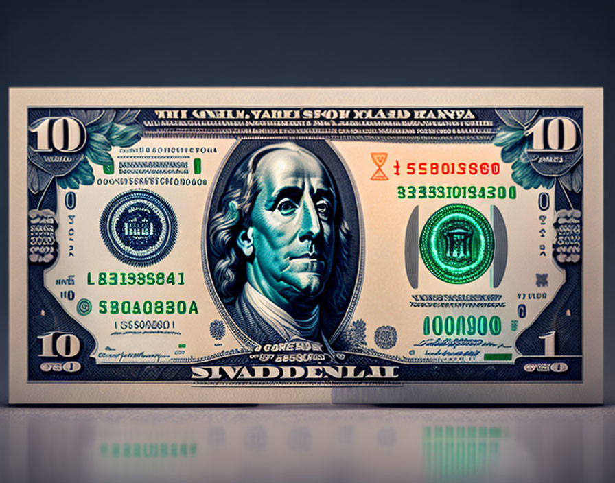 Graphical representation of a stylized U.S. ten-dollar bill with exaggerated features