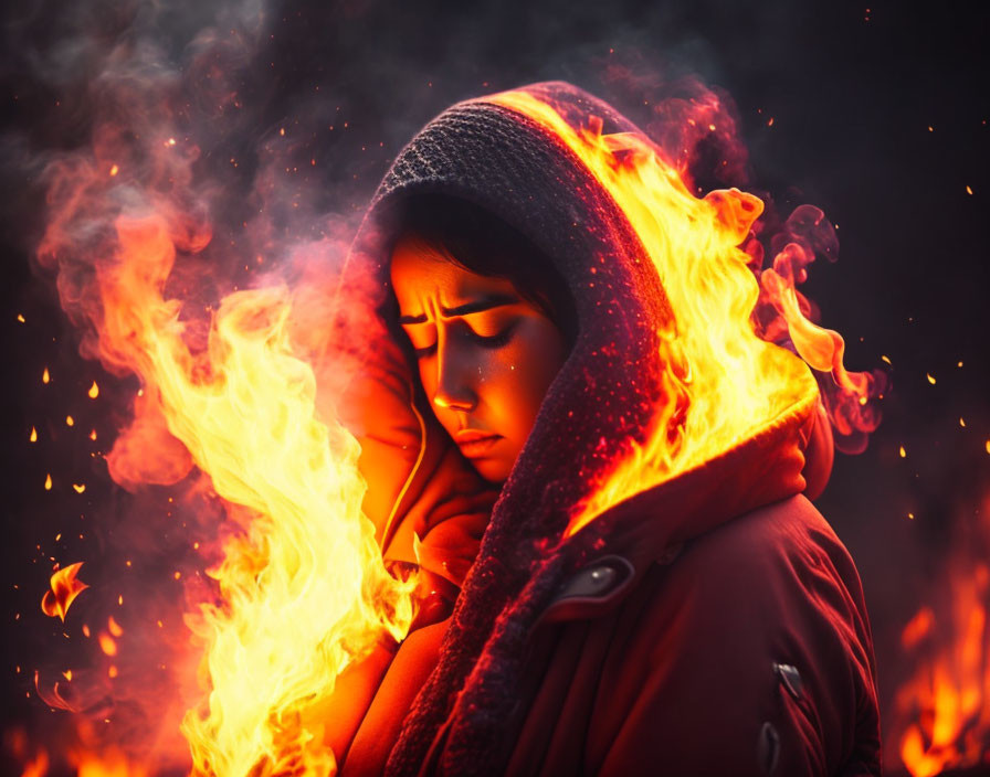 Hooded figure engulfed in flames on dark background