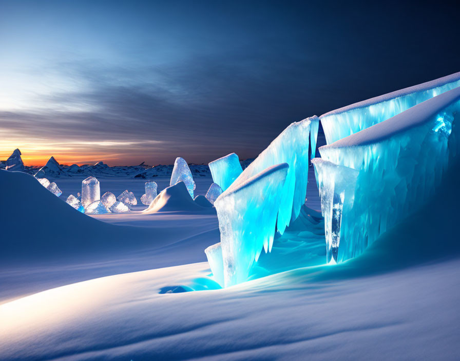 Blue ice formations in snowy twilight landscape