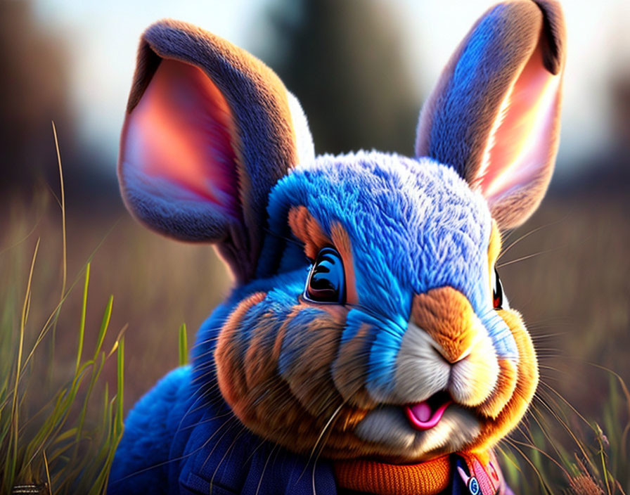 Cartoon rabbit with oversized ears in blue suit against blurred background