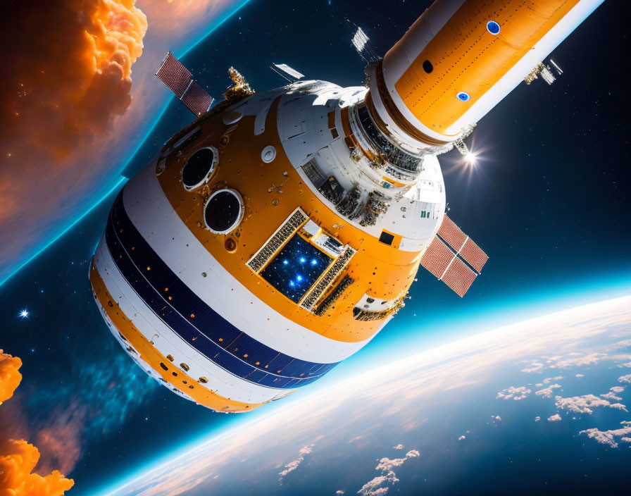 Spacecraft with orange and white panels orbiting Earth with extended solar panels in space scene.