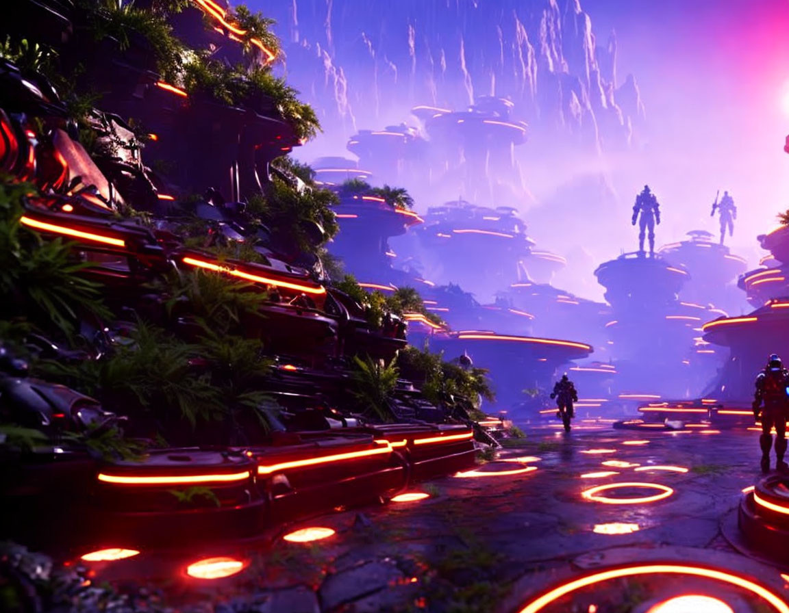 Sci-fi landscape with neon-lit terraces and futuristic soldiers under a purple sky