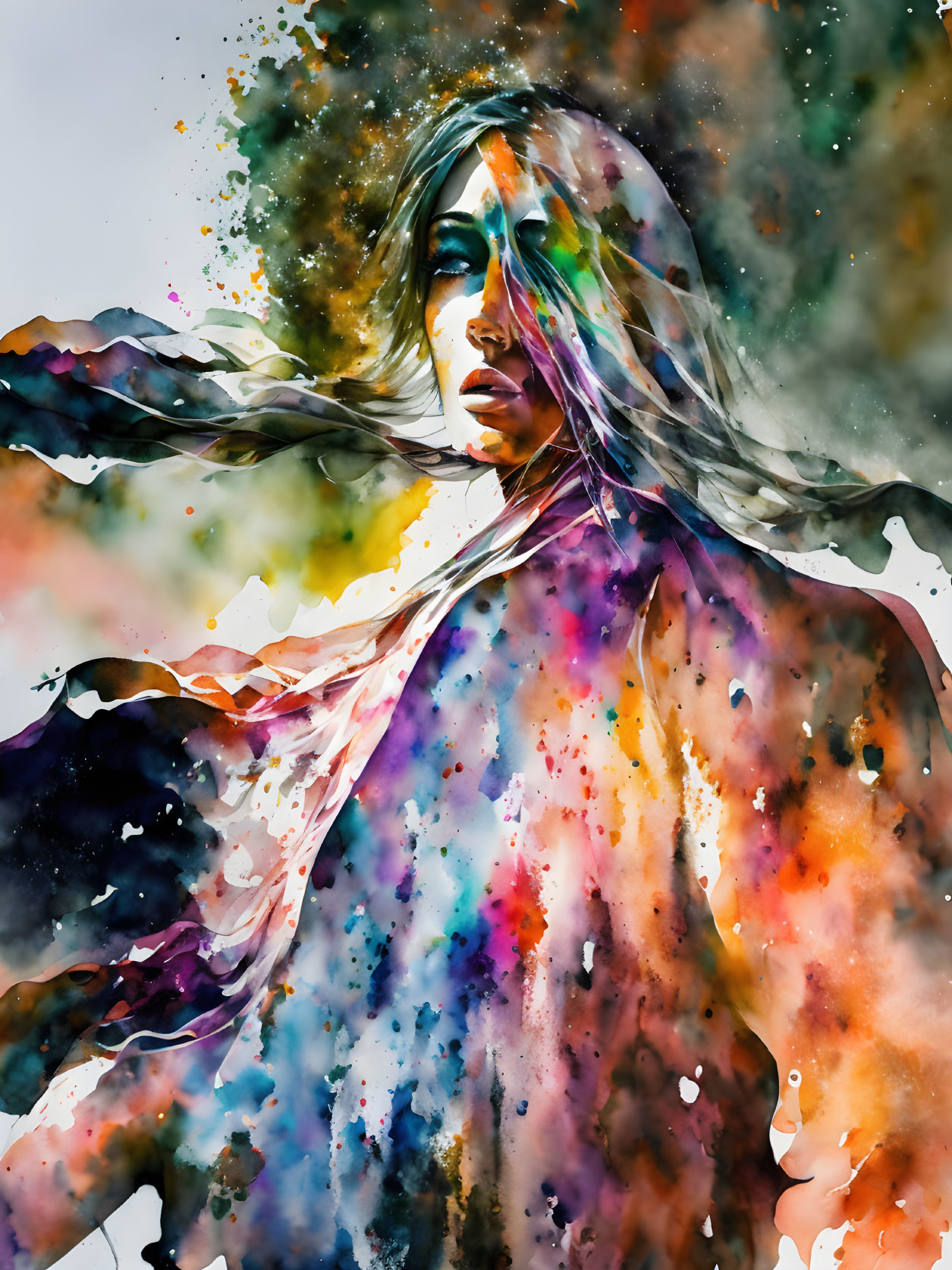 Colorful Watercolor Painting of Person with Flowing Hair and Cloak