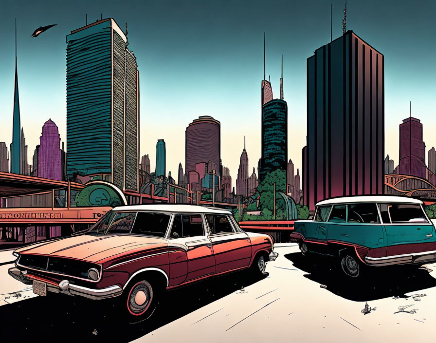 Vintage cars and comic book cityscape with sunset sky illustration