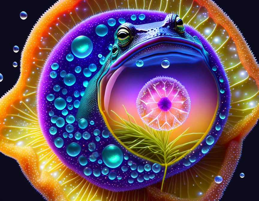 Colorful digital artwork: Abstract frog with bubbles, plants, and whimsical dandelion scene