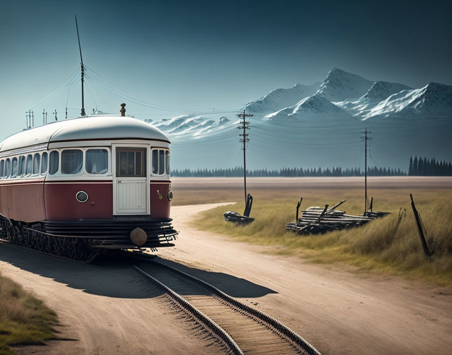 Vintage tram on tracks in grassland with snowy mountains and power lines