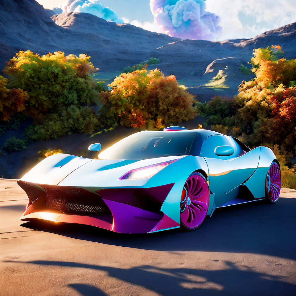 Vibrant futuristic sports car in autumn landscape