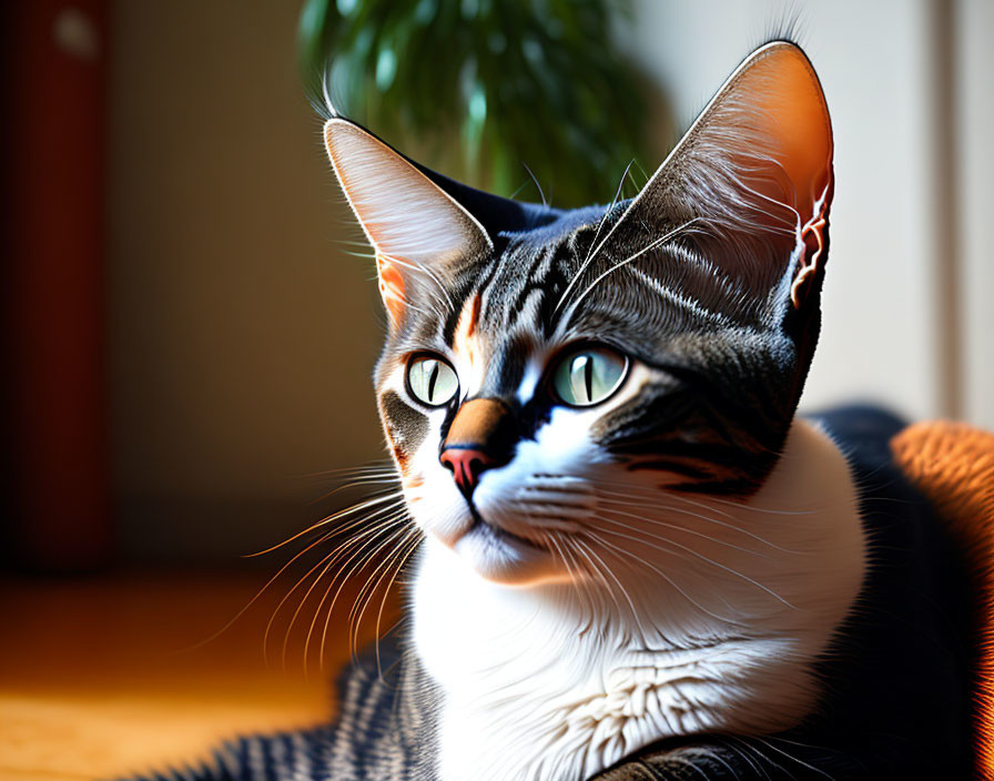 Striped domestic cat with green eyes basking indoors next to houseplant