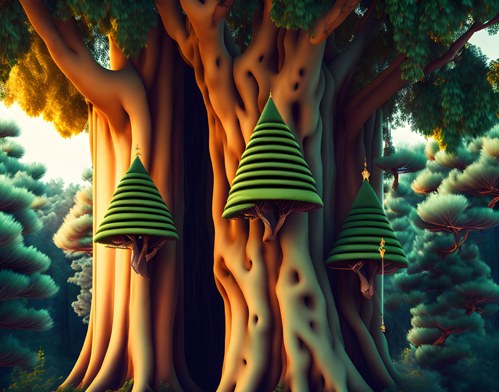 Enchanted forest with oversized mushrooms and treehouses under warm glow