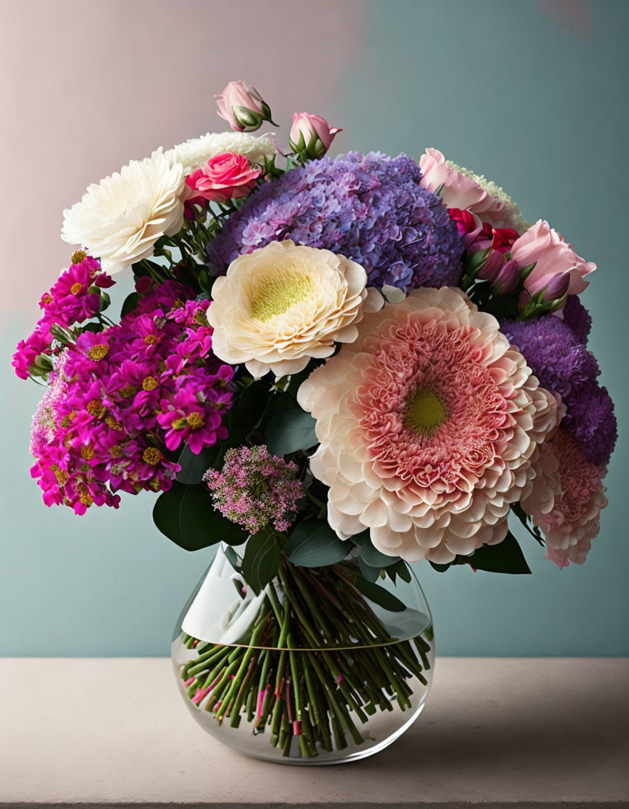 Assorted Flowers Bouquet in Clear Glass Vase on Pastel Background