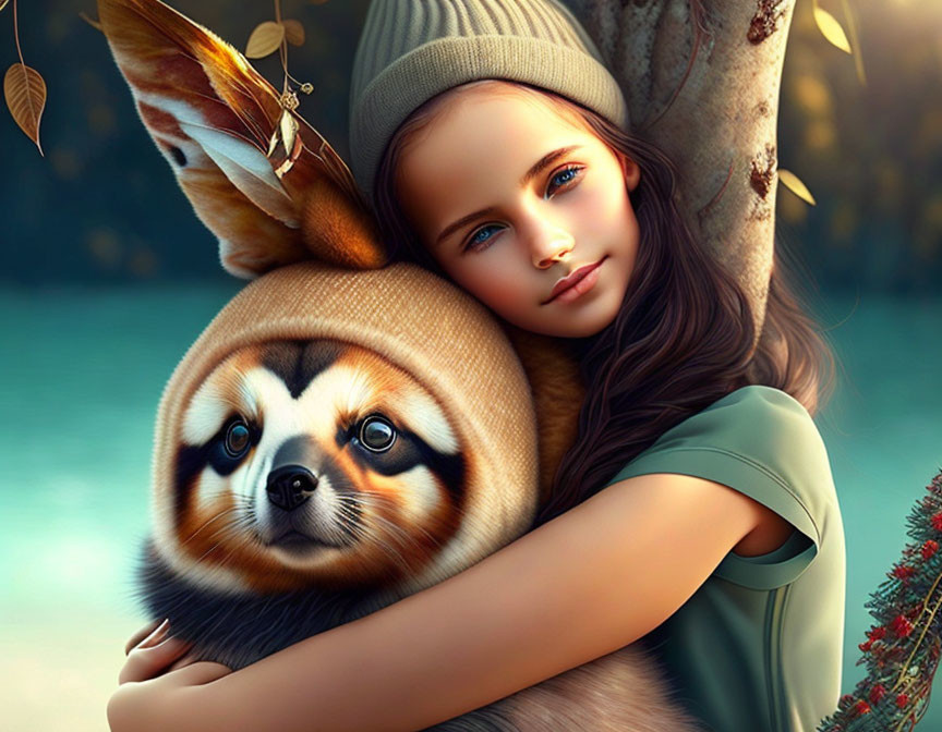 Girl in Beanie Hugging Red Panda-Like Animal in Autumn Scene