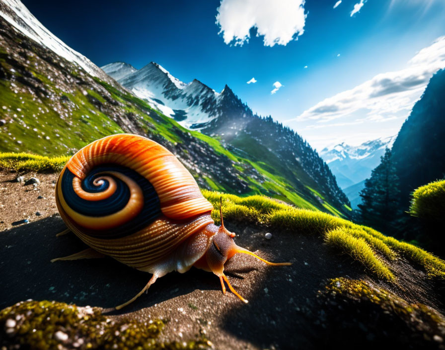 Snail on mossy ground with mountain peaks and blue sky.